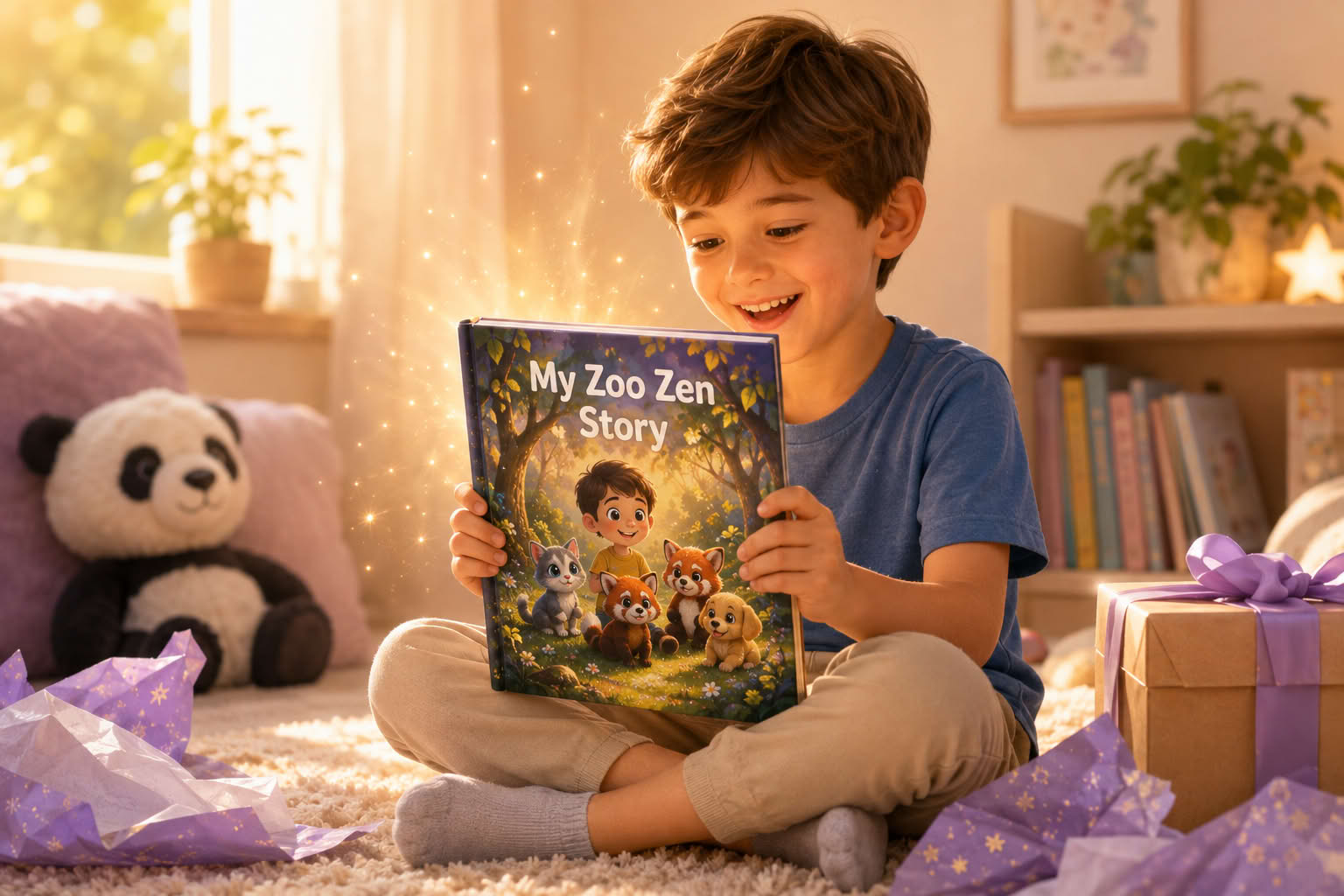 A child delighted by a personalized storybook opening with warm golden light