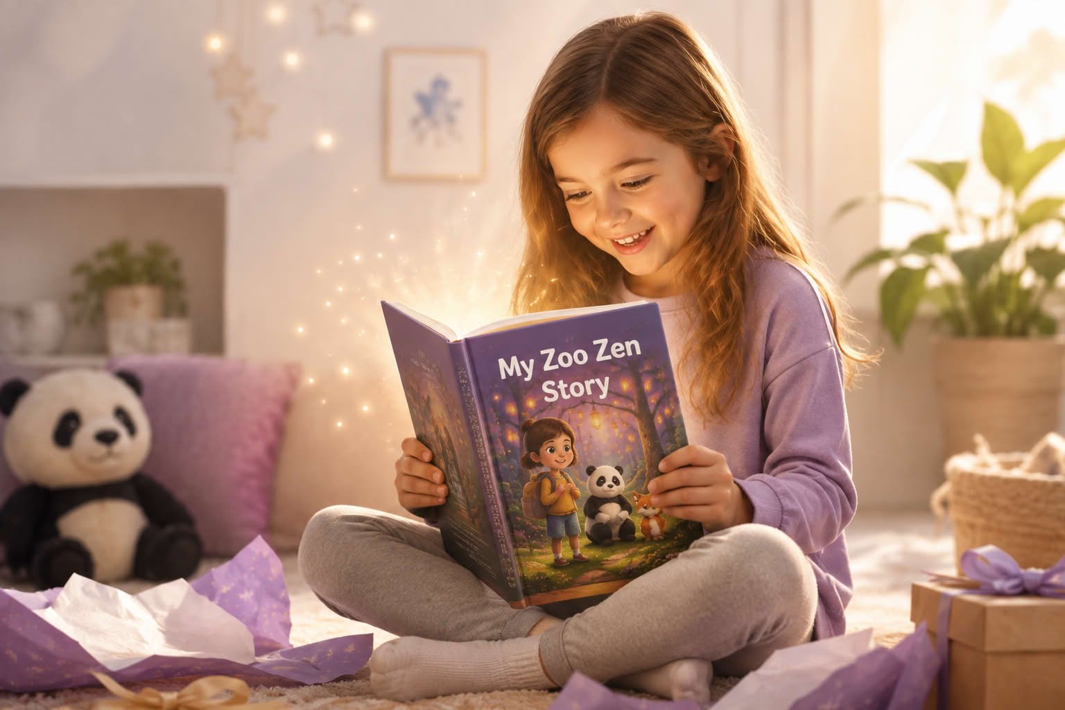 A child opening a personalized Zoo Zen storybook with magical light glowing from the pages